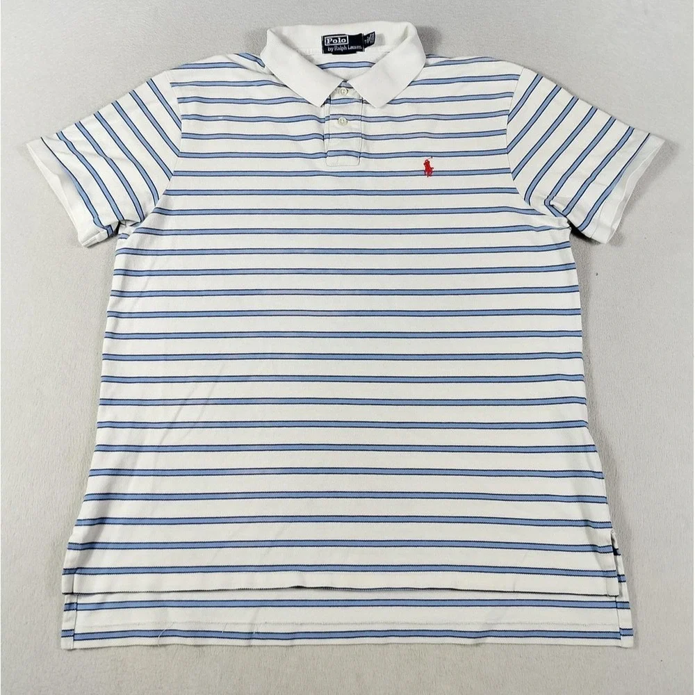 Vintage Polo By Ralph Lauren Polo Shirt Mens XL White Blue Stripe Pony Preppy